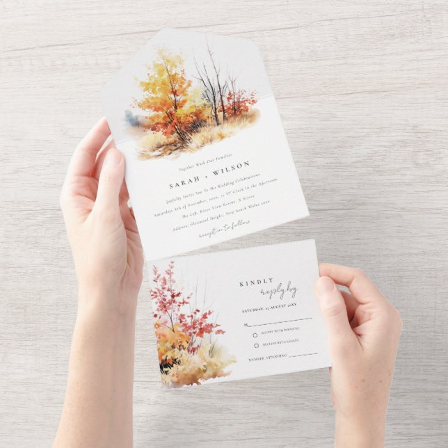 Rostgelbe Herbstlandschaft Karierte Hochzeit All In One Einladung (Abreißen)