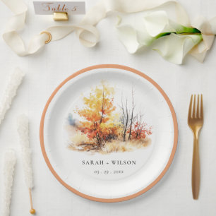 Rostgelbe Herbstlandschaft Karierte Hochzeit Pappteller