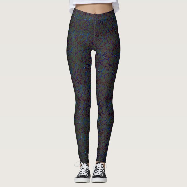 Rostgrüne Krackle mit blinkenden blauen Strichen Leggings (Vorderseite)