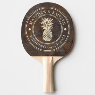 Rostiges Metallblech Ananas Hochzeitswappen & Name Tischtennis Schläger
