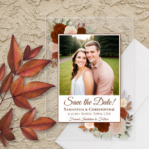Rostorange Herbstrosen Hochzeit Termin Foto Acryleinladungen