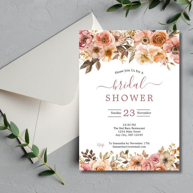Rostrosa Brautparty Einladung (Rust Boho Blush Pink Beige Cream Watercolor Floral Bridal Shower Invitation, Printed or Digital )