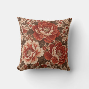 Rostrote Pfingstrose Verzierte Creme Floral Kissen