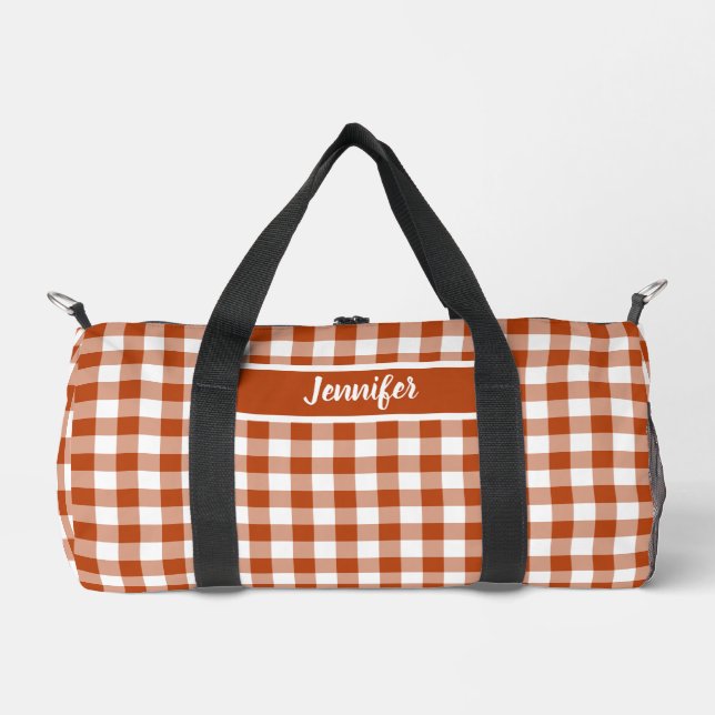 Rostrotes Karo-Gingham personalisiert Duffle Bag (Vorderseite)