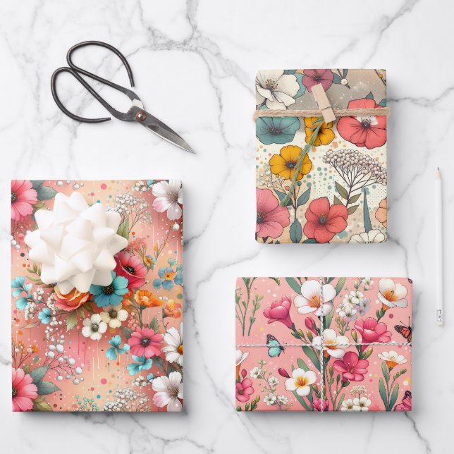 Rosy Bloomscape 3 Geschenkpapier Set (Vorderseite)