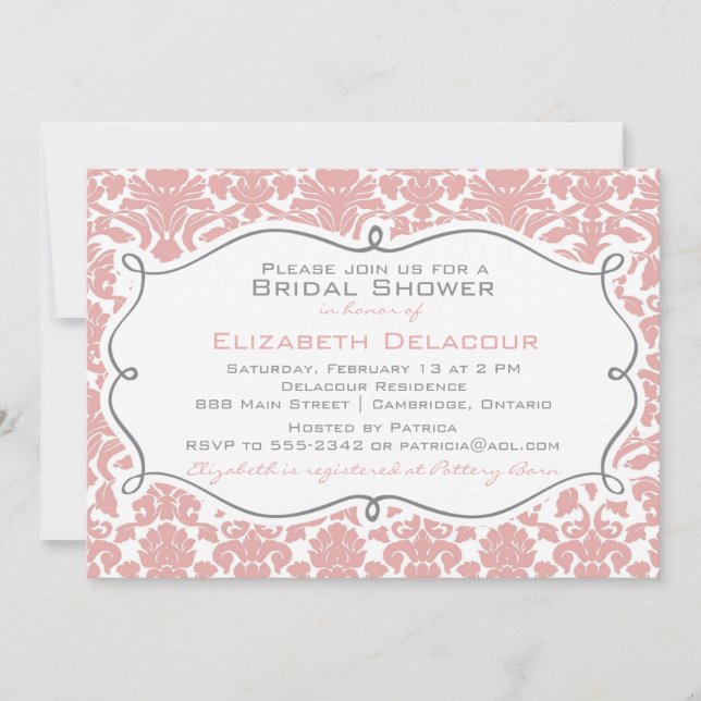 Rosy Brown Damask Muster Bridal Dusche Einladung (Vorderseite)