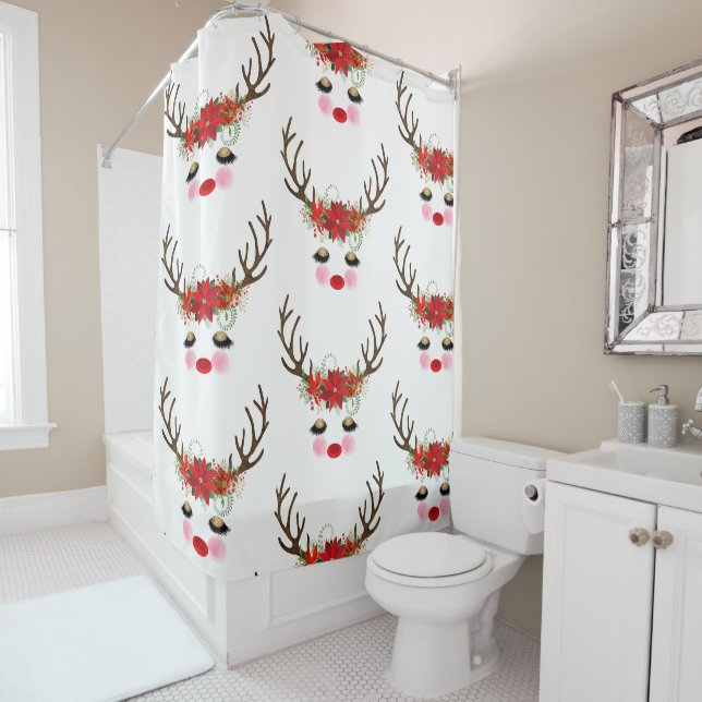 Rosy Cheeks Gold Eyes Floral Reindeer Holiday Duschvorhang (Beispiel)