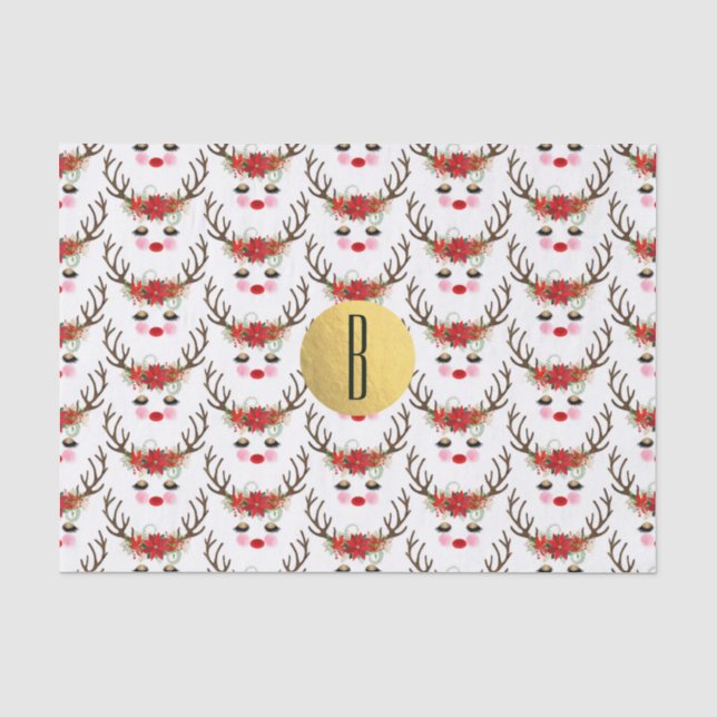 Rosy Cheeks Gold Eyes Floral Reindeer Holiday Seidenpapier (Vorderseite)