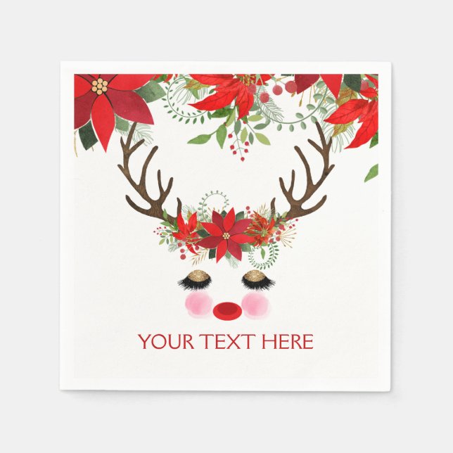 Rosy Cheeks Gold Eyes Floral Reindeer Holiday Serviette (Vorderseite)