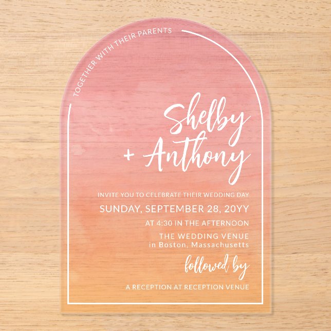 Rosy Dawn Arch Frame Wedding Acryleinladungen (Vorderseite)