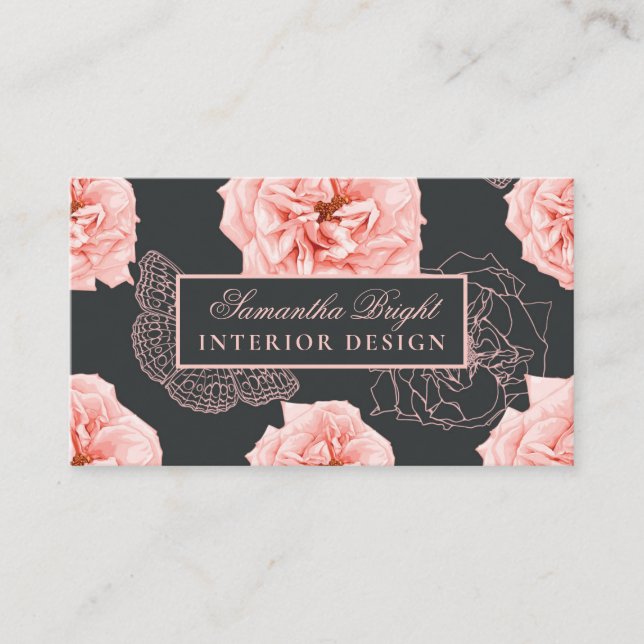Rosy Modern Floral Butterfly Business Card Visitenkarte (Vorderseite)
