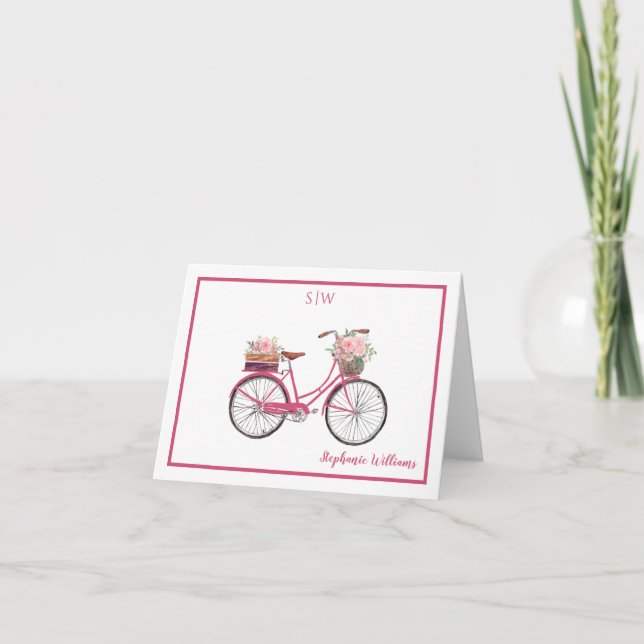 Rosy Pink Aquarellfarben Bicycle Monogramm Dankeskarte (Vorderseite)