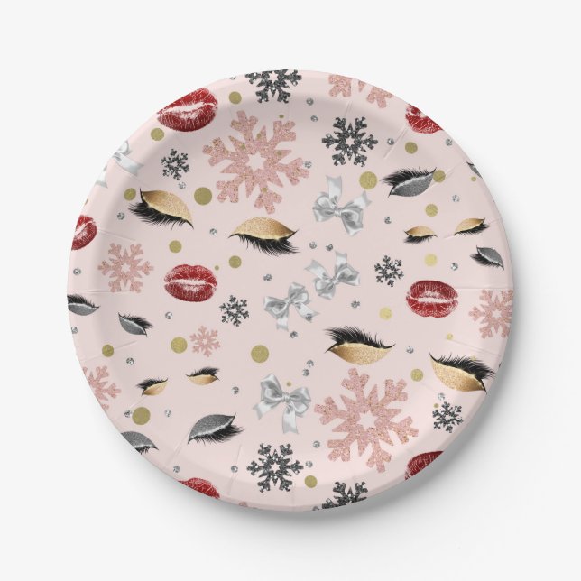 Rosy Pink Girly Beauty Makeuty Weihnachten Pappteller (Vorderseite)