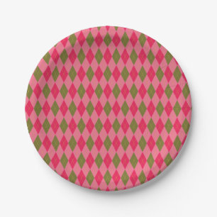 Rosy Pink und Green Girlie Raute Muster Pappteller