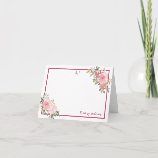 Rosy Pink Watercolor Floral Monogram Name Dankeskarte (Vorderseite)