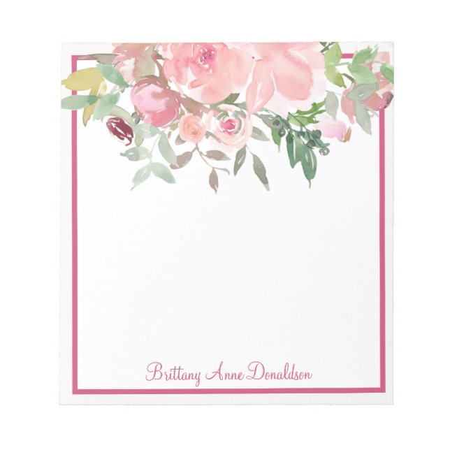 Rosy pink Watercolor Floral Name personalisieren Notizblock (Vorderseite)