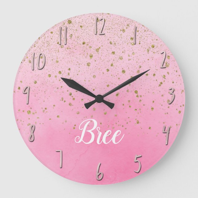 Rosy Rose Rosa & Gold Glitzer Glam Funkelnd Chic Große Wanduhr (Vorderseite)