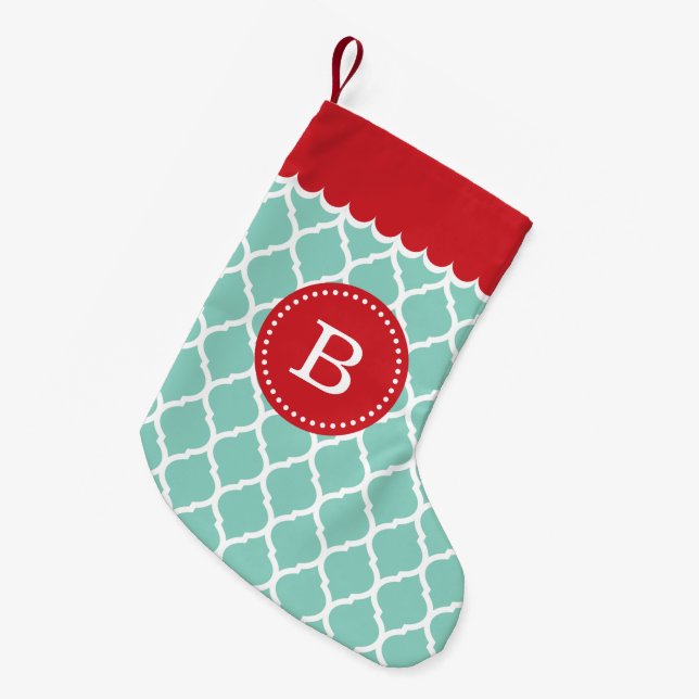 Rot-Aqua-Monogramm Kleiner Weihnachtsstrumpf (Vorderansicht (hängend))