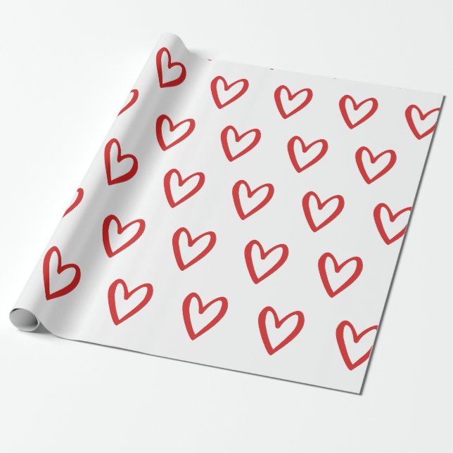 Rot auf weißen, handgezogenen Herzen Geschenkpapier (Ungerollt)