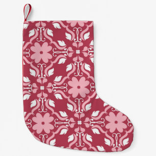 Rot, beige, blumengeschmückt, nahtlose Tapeten. Kleiner Weihnachtsstrumpf