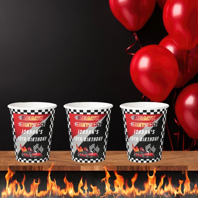 Rot | Black Go Kart Racing Geburtstag Pappbecher (Red and Black Go Kart Racing Kid's Birthday Party "Ready, Set, Go!" Paper Cups)