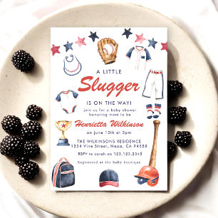 Rot Blau Baseball Babyshower - Ein Kleiner Slugger Einladung