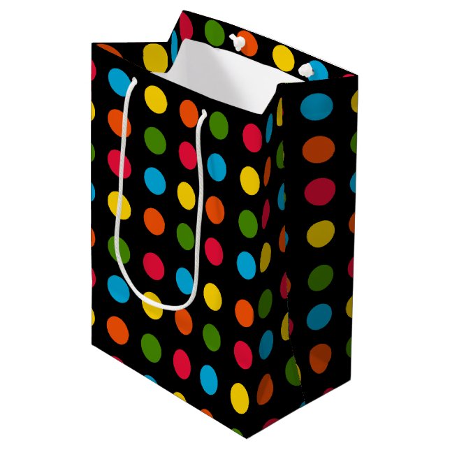 Rot-Blau-Gelb-Orange-Polka-Dot | Schwarz Mittlere Geschenktüte (Vorderseite Schrägansicht)