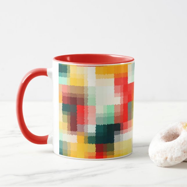 Rot-Blau-Gelb-Weiß Abstraktes Muster Tasse (Mit Donut)