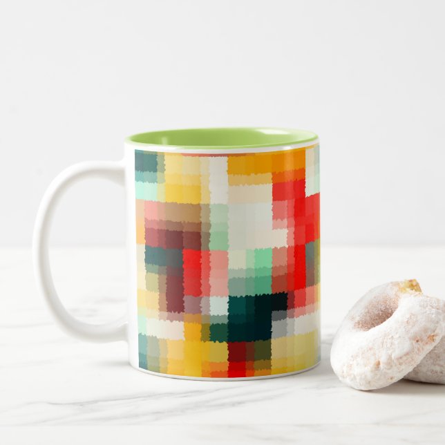 Rot-Blau-Gelb-Weiß Abstraktes Muster Zweifarbige Tasse (Mit Donut)