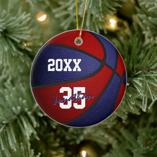 Rot-Blau-Jungs-Team Farben Basketball Keramik Ornament (Baum)