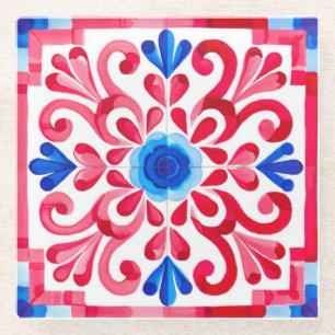 Rot & Blau Mexikanisch Traditionelle Florale Talav Glasuntersetzer