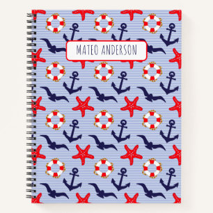 Rot & Blau Nautisch, Seestern & Möwe Custom Notizbuch