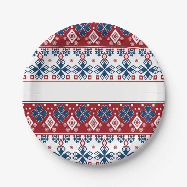 Rot-Blau-Ornament Pappteller (Vorderseite)