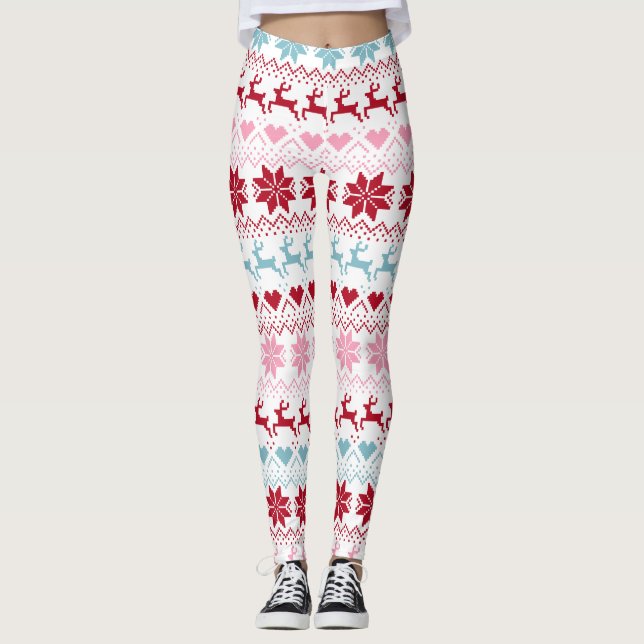 Rot, Blau und Rosa Fair Isle Print Leggings (Vorderseite)