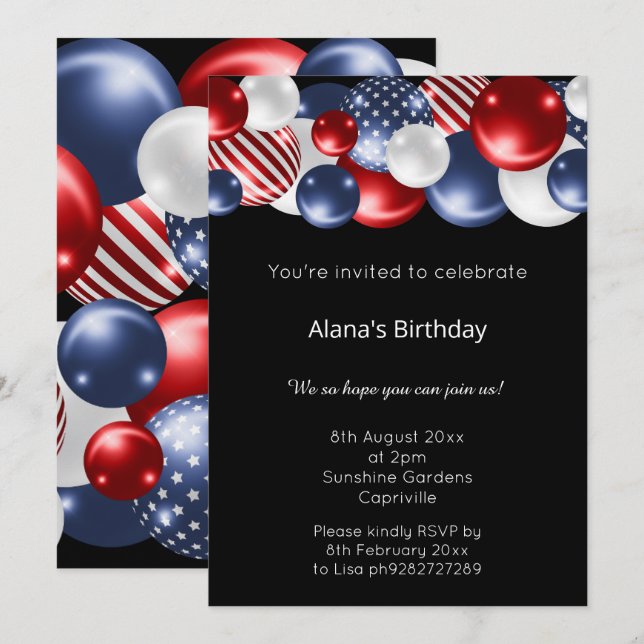 ROT BLAUE BLACK PATRIOTIC BALLOON BIRTHDAY EINLADUNG (Vorne/Hinten)