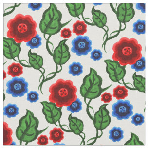Rot/blaue Blumen/grüne Blätter/Folkblüte Stoff