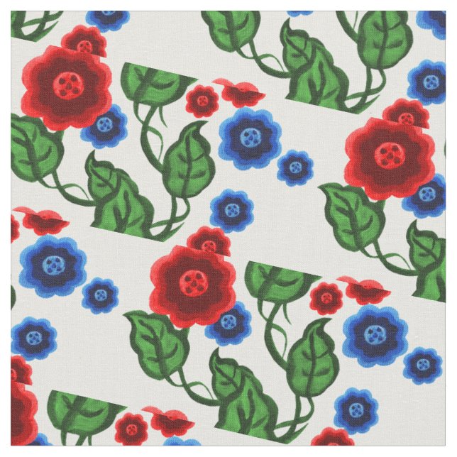 Rot/blaue Blumen/grüne Blätter/Folkblüte Stoff (Nahaufnahme)
