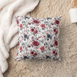 Rot Blaue Creme Vintage Blumen Aquarell Kissen