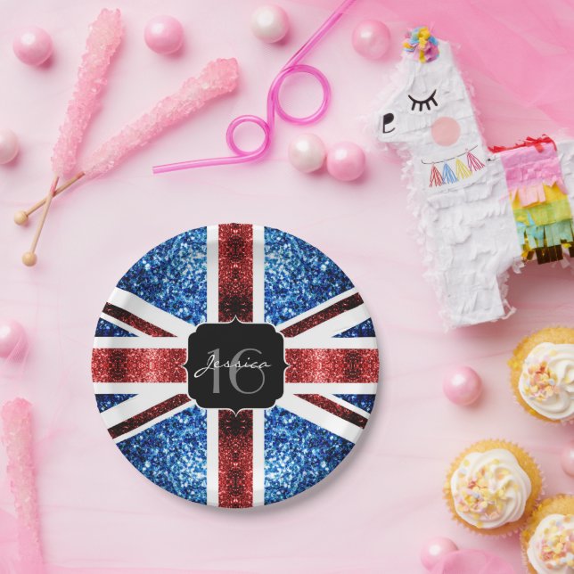 Rot-blaue Glitzern-Glitzer Schweden 16 Pappteller (Party)