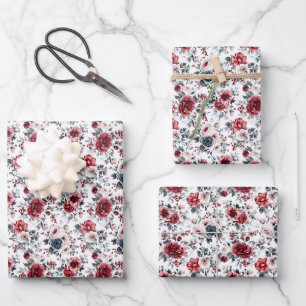 Rot Blaue Vintage Blumen Hochzeit Brautparty Geschenkpapier Set