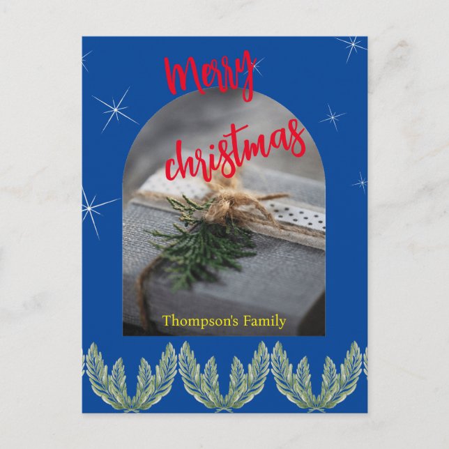 Rot blaue Weihnachten Text Modernes Blattwerk Einladungspostkarte (Vorderseite)