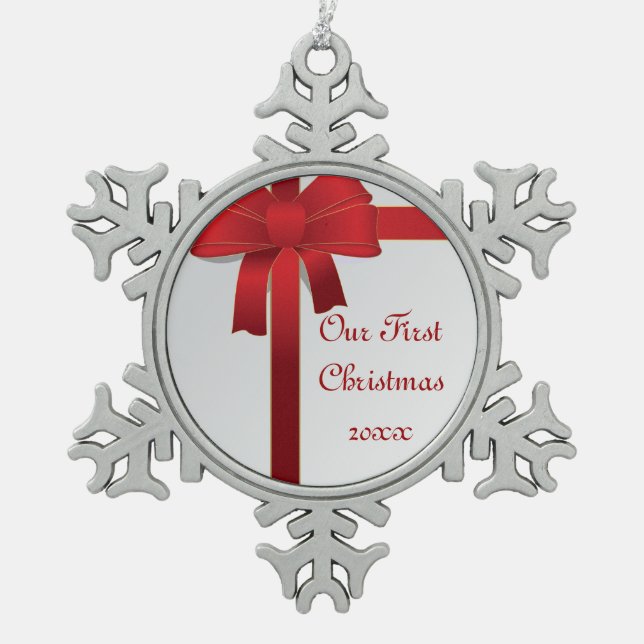 Rot-Bogen-1. Weihnachten zusammen Schneeflocken Zinn-Ornament (Vorderseite)