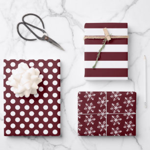 Rot Burgund Weiß Punkte Streifen Schneeflocken Geschenkpapier Set