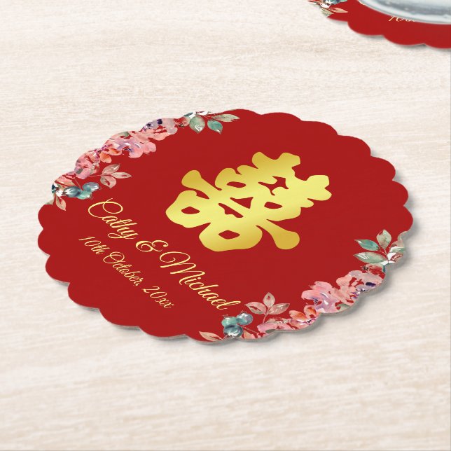 Rot-Chinesische Hochzeit doppeltes Glück floral Untersetzer (angewinkelt)