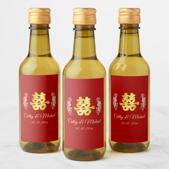 Rot-Chinesische Hochzeit doppeltes Glück floral Weinetikett (Flaschen)