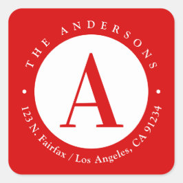 Rot | Circle Monogram Rücksendeadresse Quadratischer Aufkleber