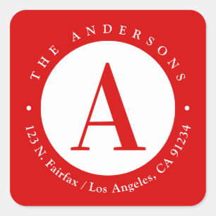 Rot   Circle Monogram Rücksendeadresse Quadratischer Aufkleber