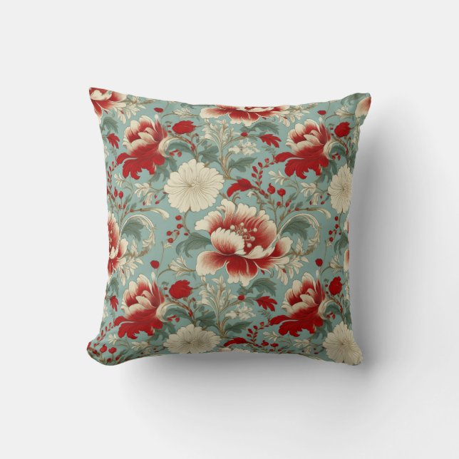 Rot, Creme und grüne Chinoiserie Kissen (Vorderseite)