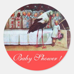Rot DER STORCH-BABY-DUSCHE 3 Runder Aufkleber