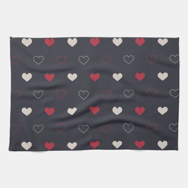 Rot & dunkles Herz Nahtloses Muster Cute Minimal Geschirrtuch (Horizontal)